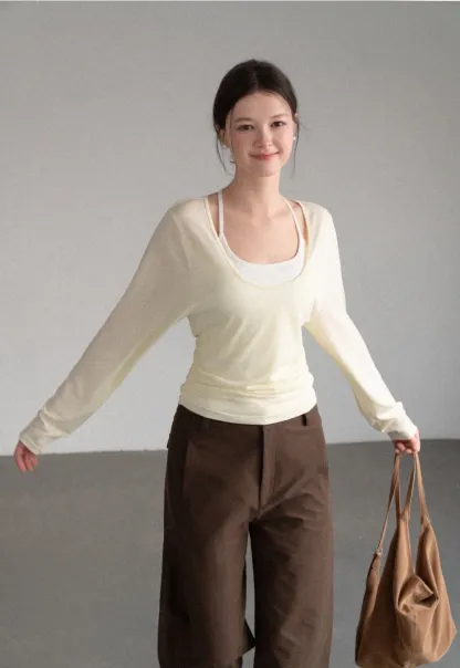 Women Scoop Neck Long Sleeve Basic Layering Top