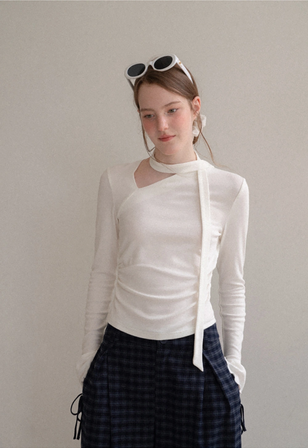 Asymmetrical Wrap Neck Long Sleeve Knit Top