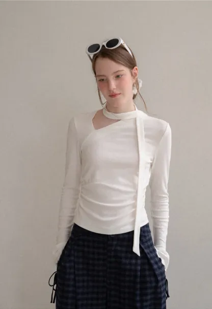 Asymmetrical Wrap Neck Long Sleeve Knit Top