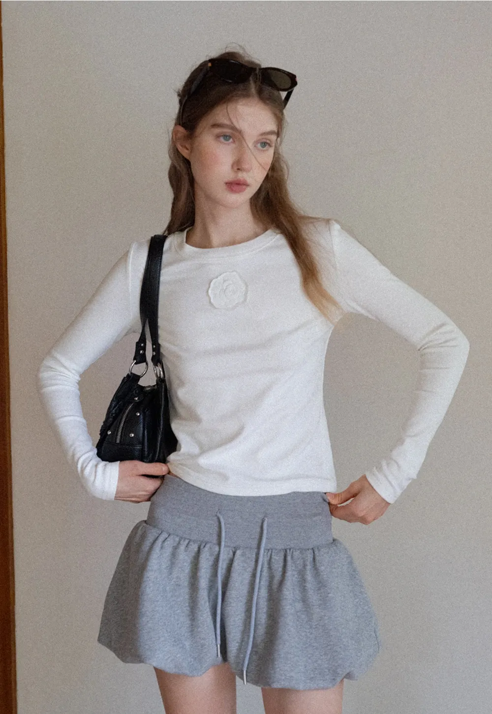 Women Long Sleeve Top with Flower Detail