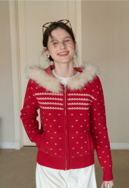 Vintage Knit Hooded Cardigan Women Faux Fur Coat