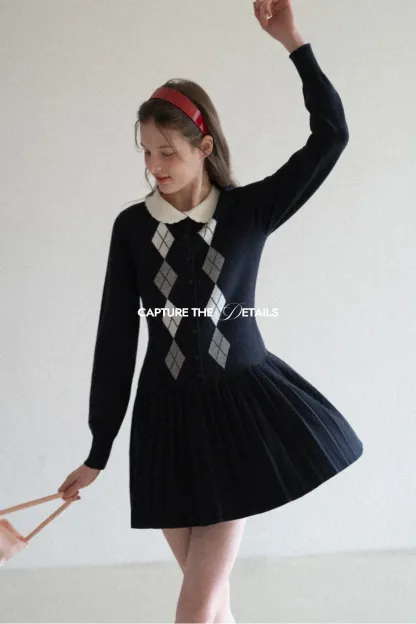 Argyle Knit Dress with Peter Pan Collar