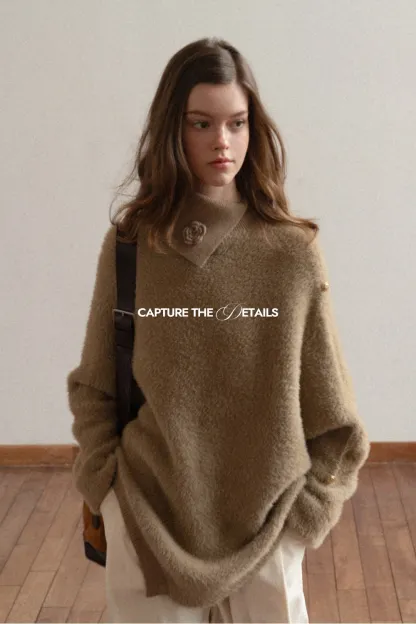 Cozy White Turtleneck Sweater Women Fuzzy Knit Top