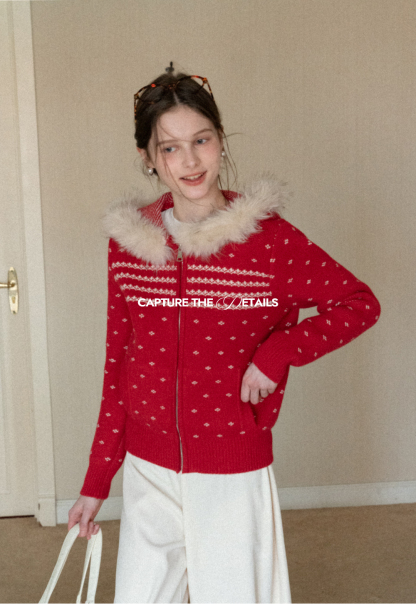 Vintage Knit Hooded Cardigan Women Faux Fur Coat