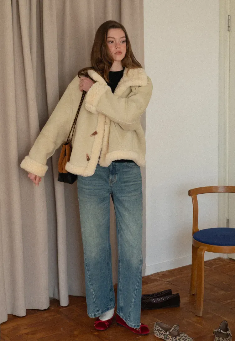 Dual-Wear Suede Patchwork Coat with Soft Teddy Fleece Lining