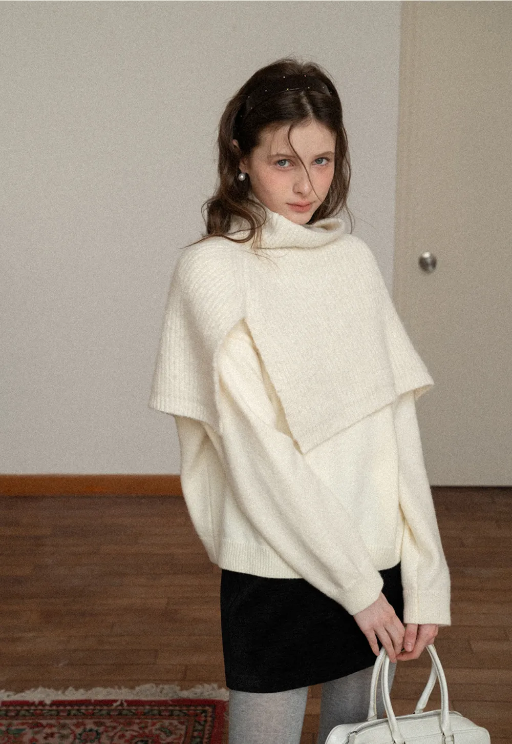 Layered Shawl Neck Knit Sweater