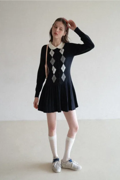 Argyle Knit Dress with Peter Pan Collar