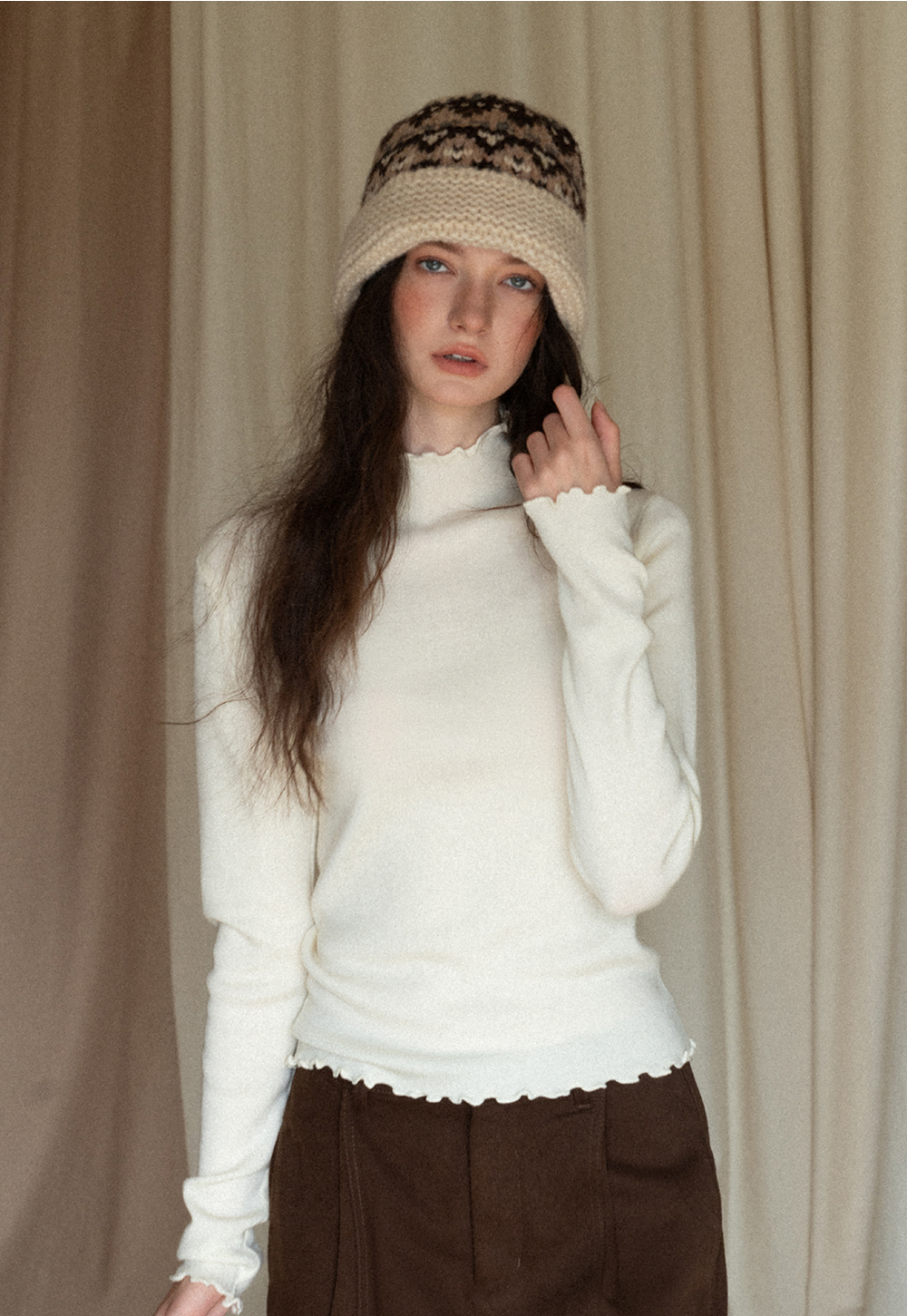 Chic Light Blue Ruffle Trim Turtleneck Sweater