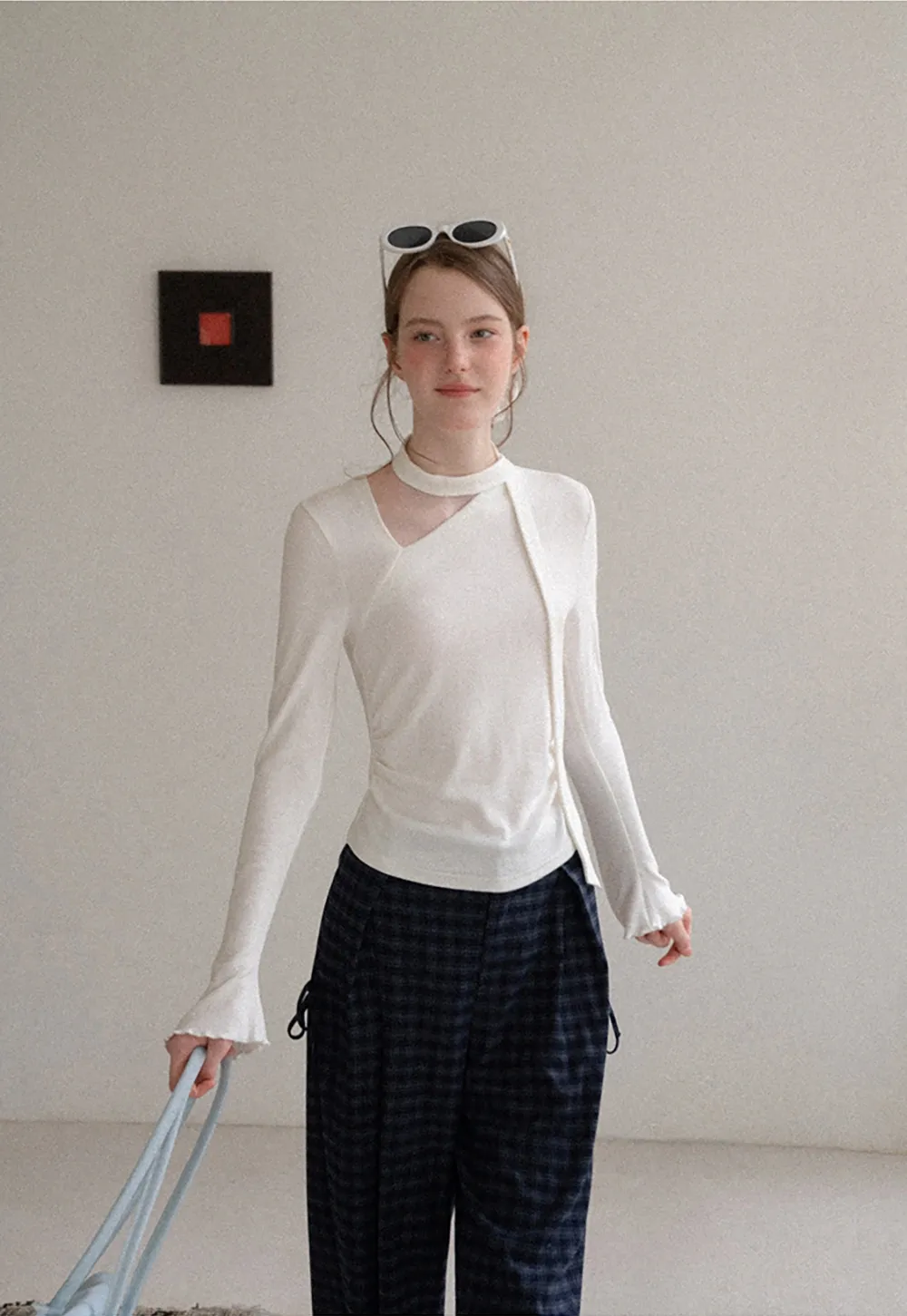 Asymmetrical Wrap Neck Long Sleeve Knit Top
