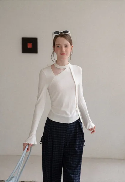 Asymmetrical Wrap Neck Long Sleeve Knit Top