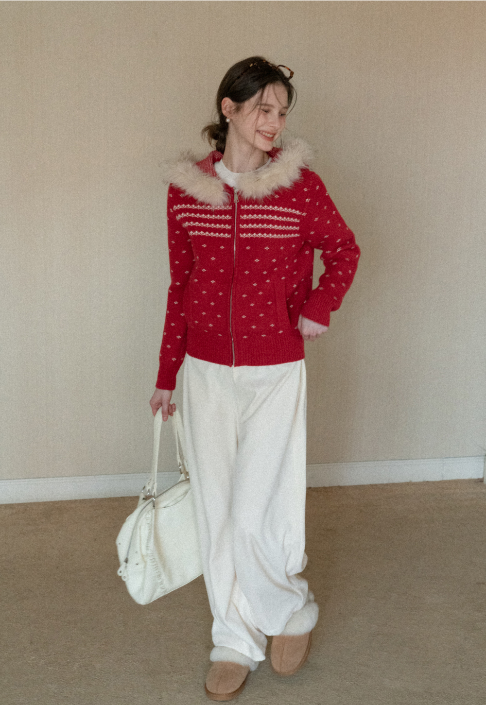 Vintage Knit Hooded Cardigan Women Faux Fur Coat