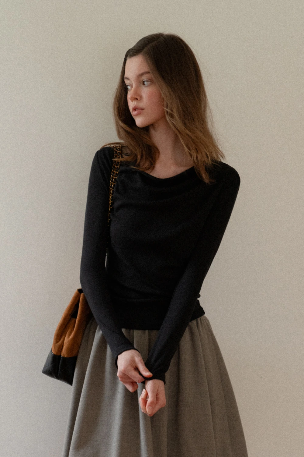 Womens Long Sleeve Drape Neck Top