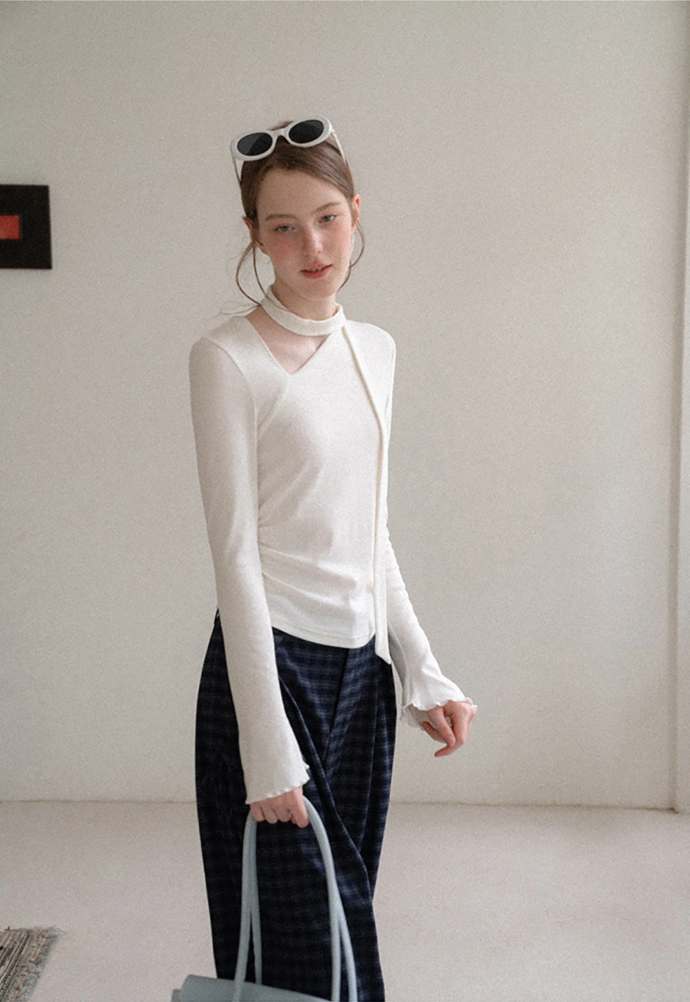Asymmetrical Wrap Neck Long Sleeve Knit Top