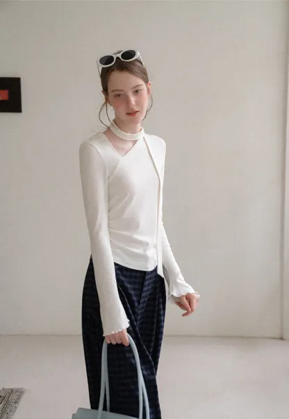 Asymmetrical Wrap Neck Long Sleeve Knit Top