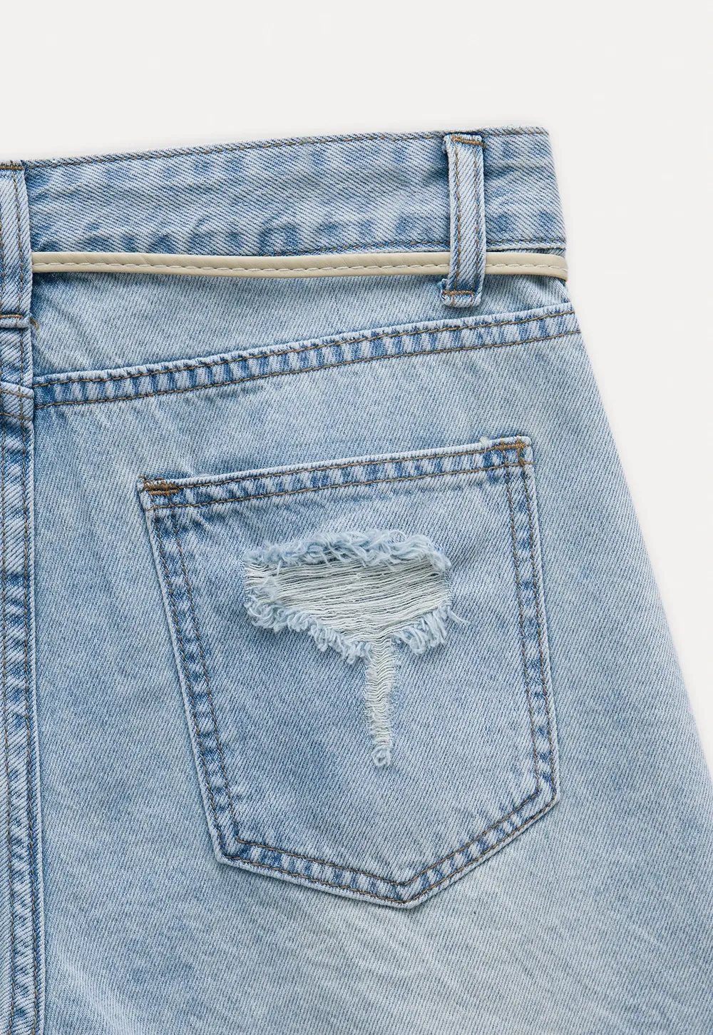 Fringed Belted Distressed Denim Shorts
