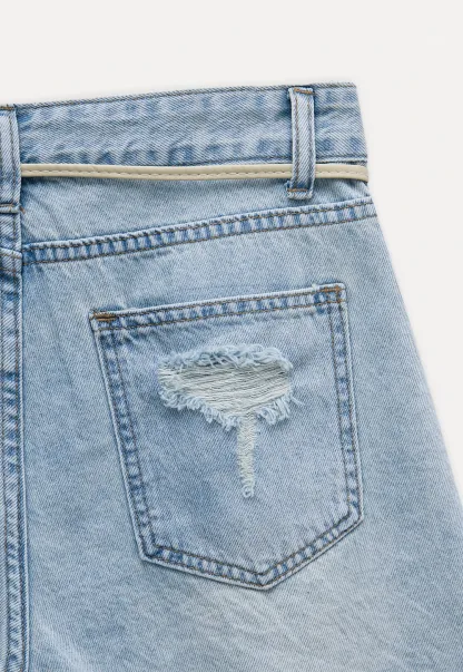 Fringed Belted Distressed Denim Shorts