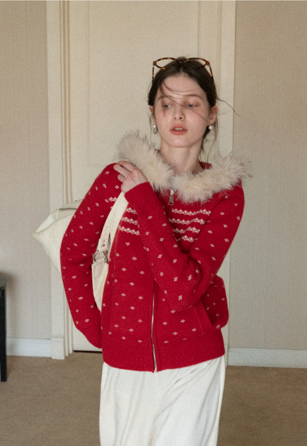 Vintage Knit Hooded Cardigan Women Faux Fur Coat