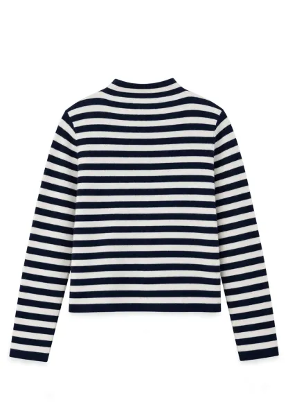 Striped Ribbed Knit Cardigan with Stand Collar