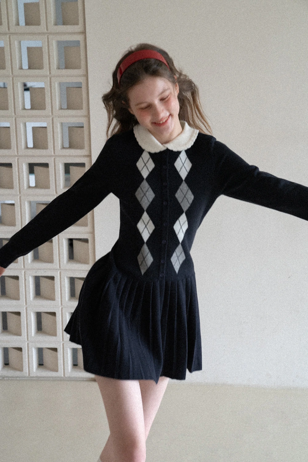 Argyle Knit Dress with Peter Pan Collar