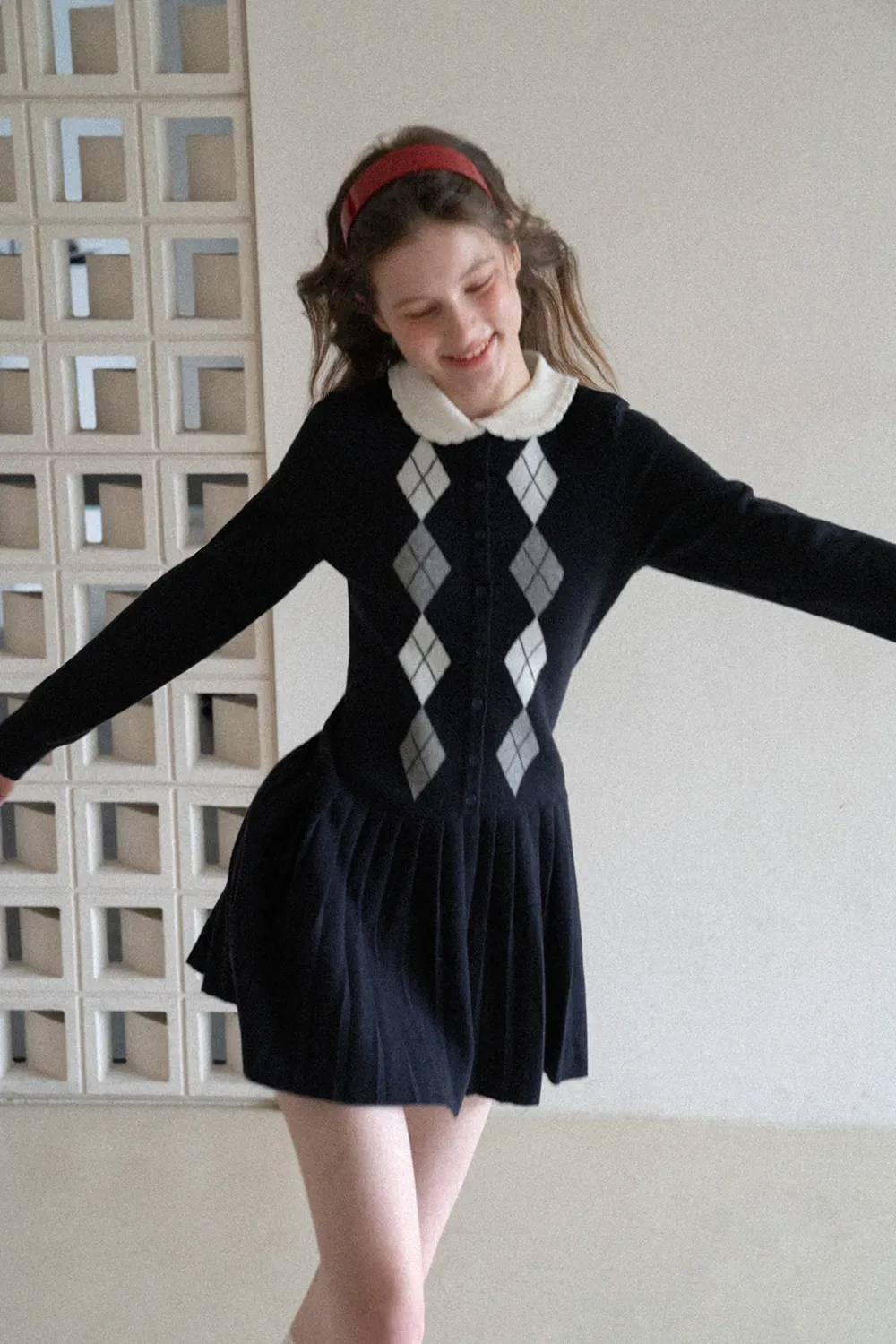 Argyle Knit Dress with Peter Pan Collar