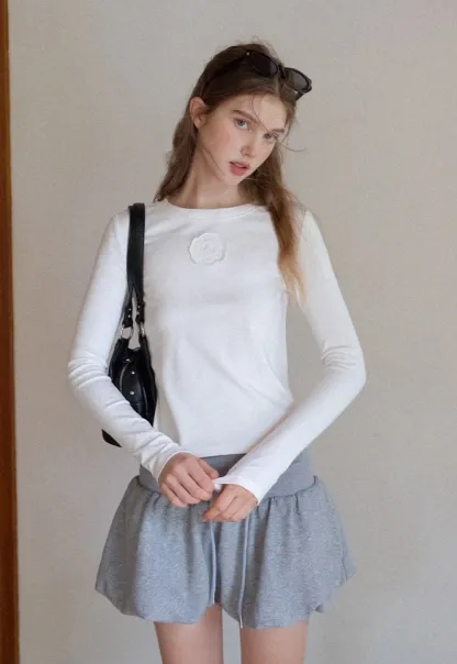 Women Long Sleeve Top with Flower Detail