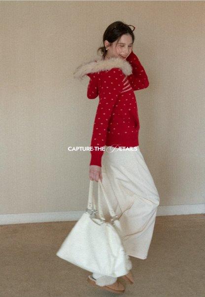 Vintage Knit Hooded Cardigan Women Faux Fur Coat