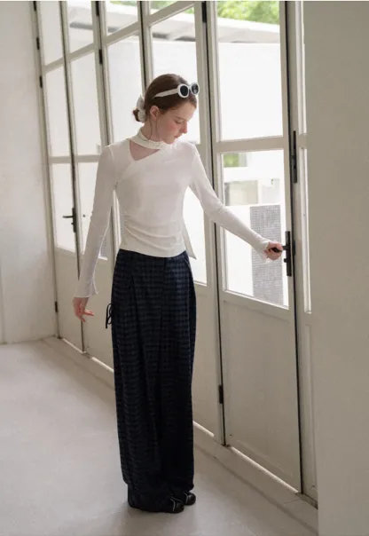 Asymmetrical Wrap Neck Long Sleeve Knit Top