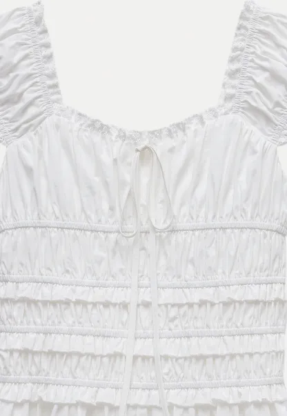 Women’s White Ruched Puff Sleeve Dress