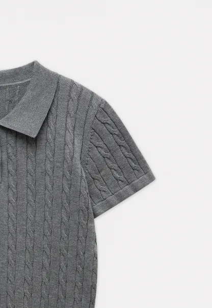 Women's Grey Ribbed Polo Shirt with Short Sleeves