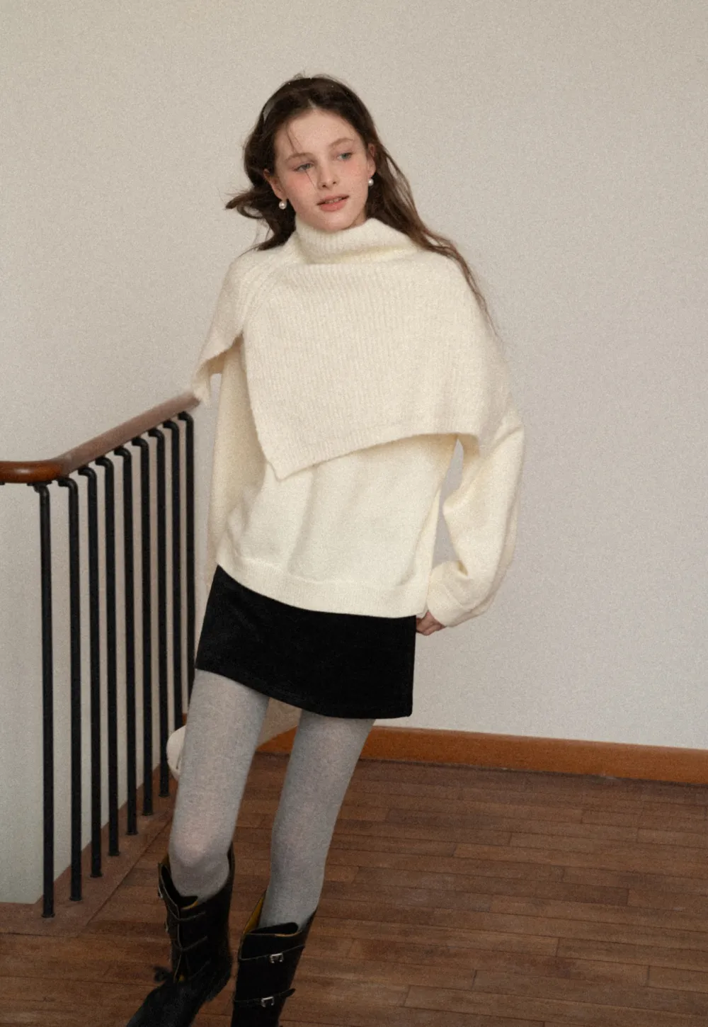 Layered Shawl Neck Knit Sweater