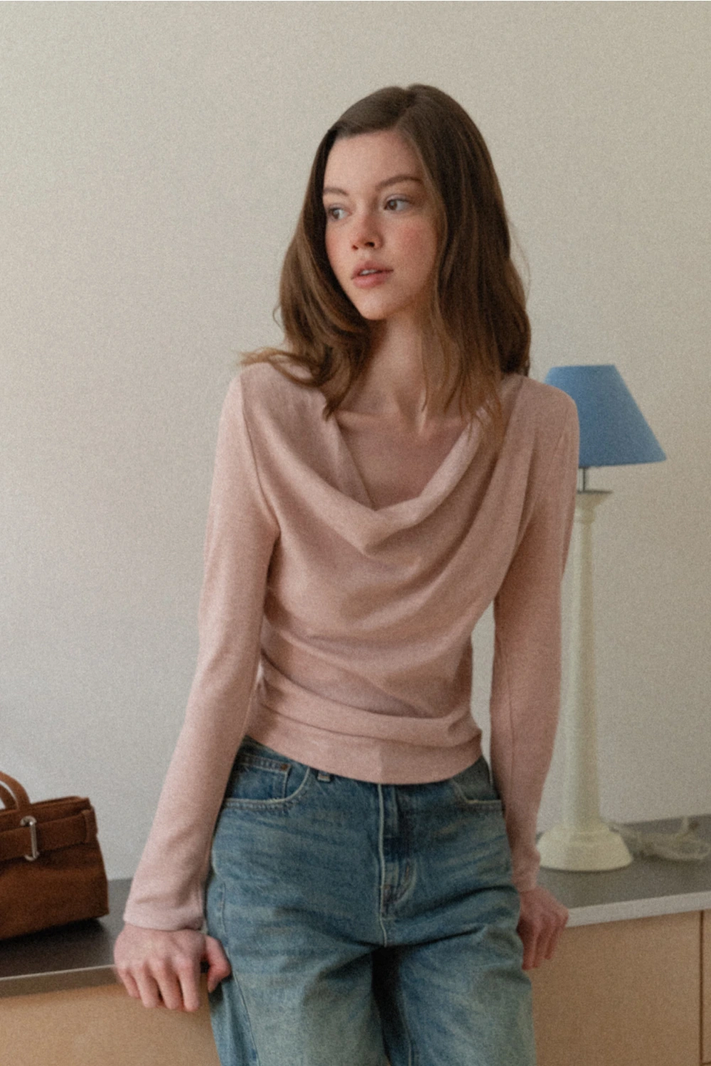 Womens Long Sleeve Drape Neck Top