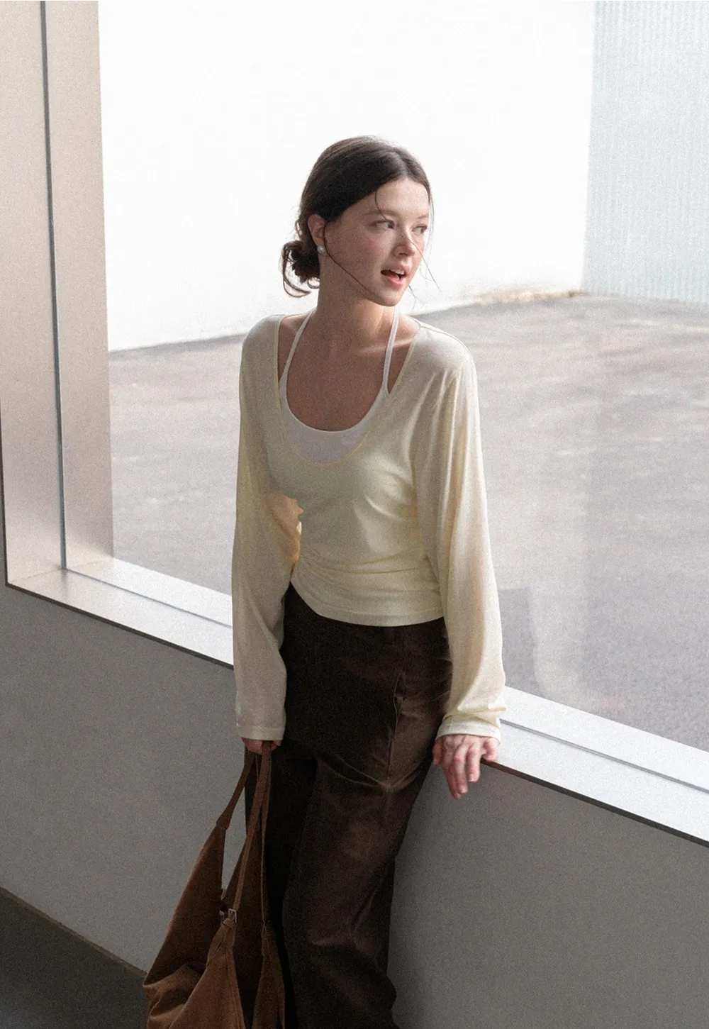 Women Scoop Neck Long Sleeve Basic Layering Top