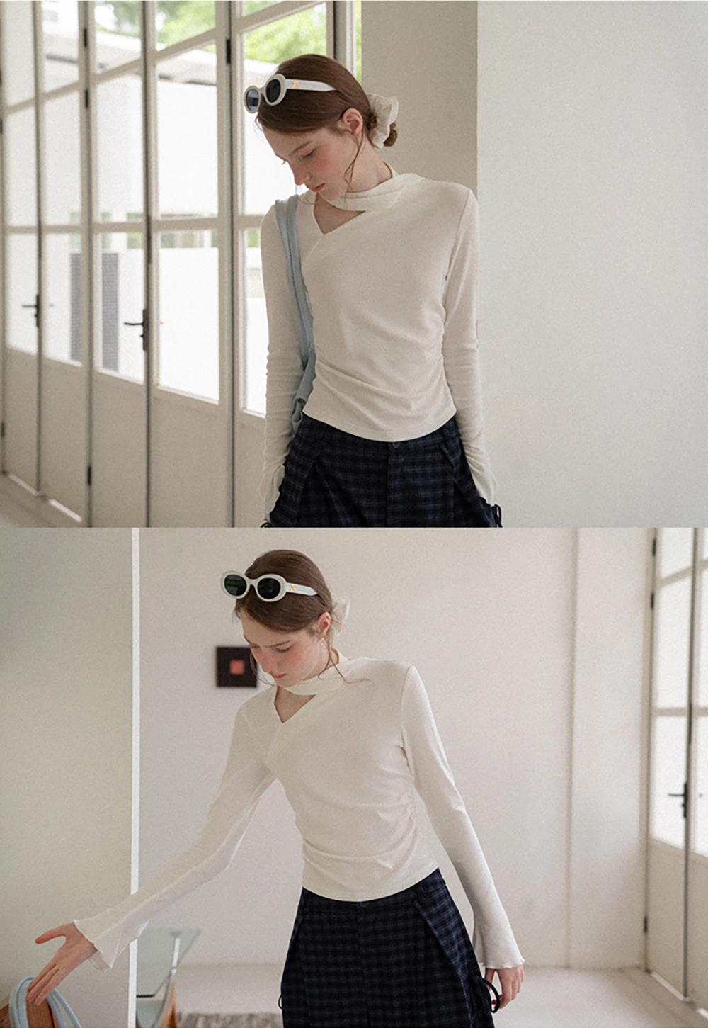 Asymmetrical Wrap Neck Long Sleeve Knit Top