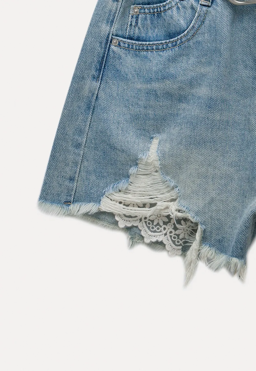 Women’s High‑Waist Ripped Lace Denim Shorts