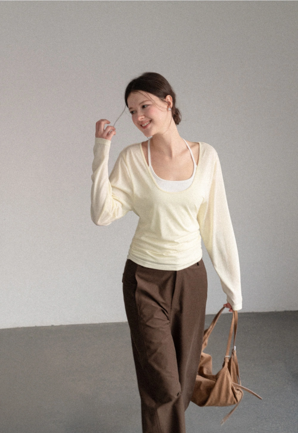 Women Scoop Neck Long Sleeve Basic Layering Top