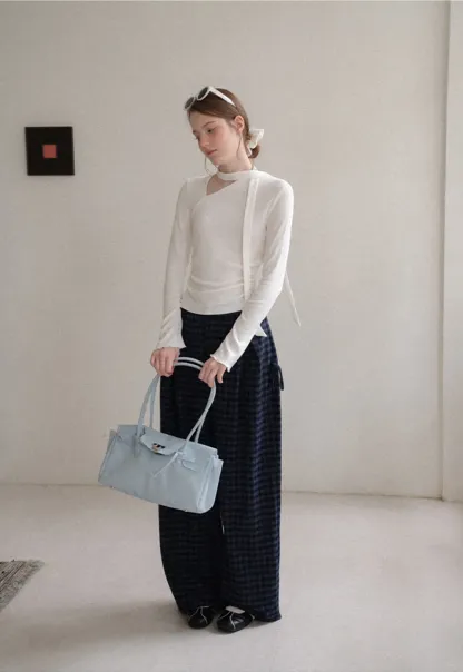 Asymmetrical Wrap Neck Long Sleeve Knit Top