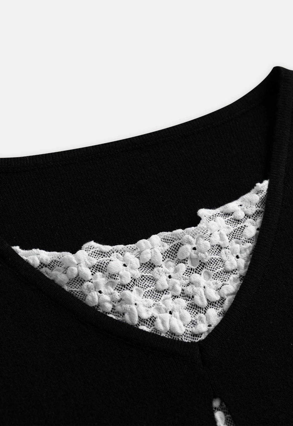 Black Long Sleeve V-Neck Cardigan with Lace Deta