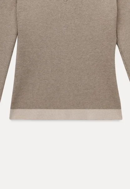 Womens V Neck Contrast Trim Knit Long Sleeve Top