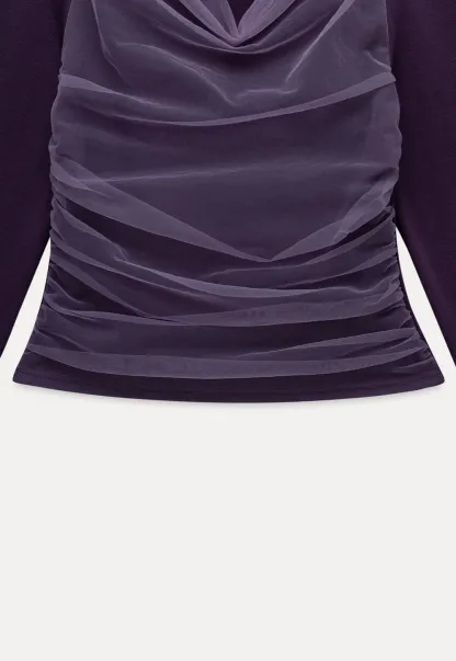 Women Mesh Patchwork Cowl Neck Top