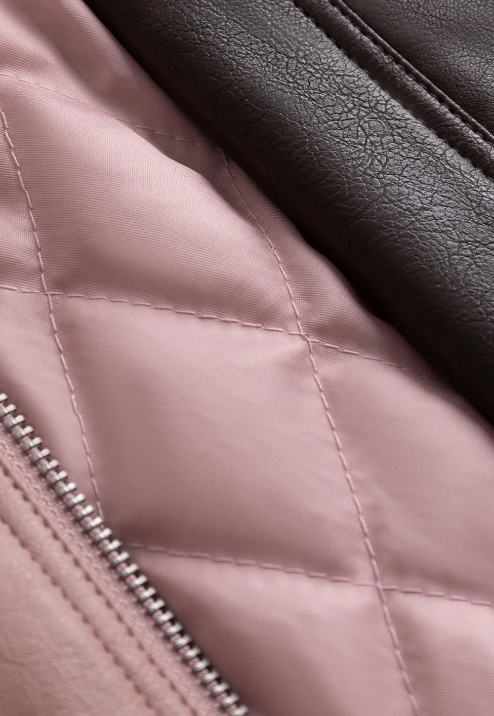 Womens Faux Leather Jacket with Zipper Front and Contrast Cuffs