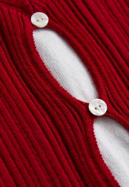 Womens Contrast Collar Cutout Knit Cardigan