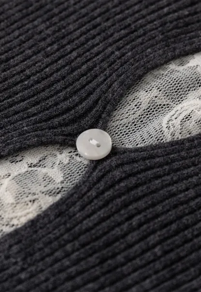 Womens Ribbed Mock Neck Top with Lace Buttons