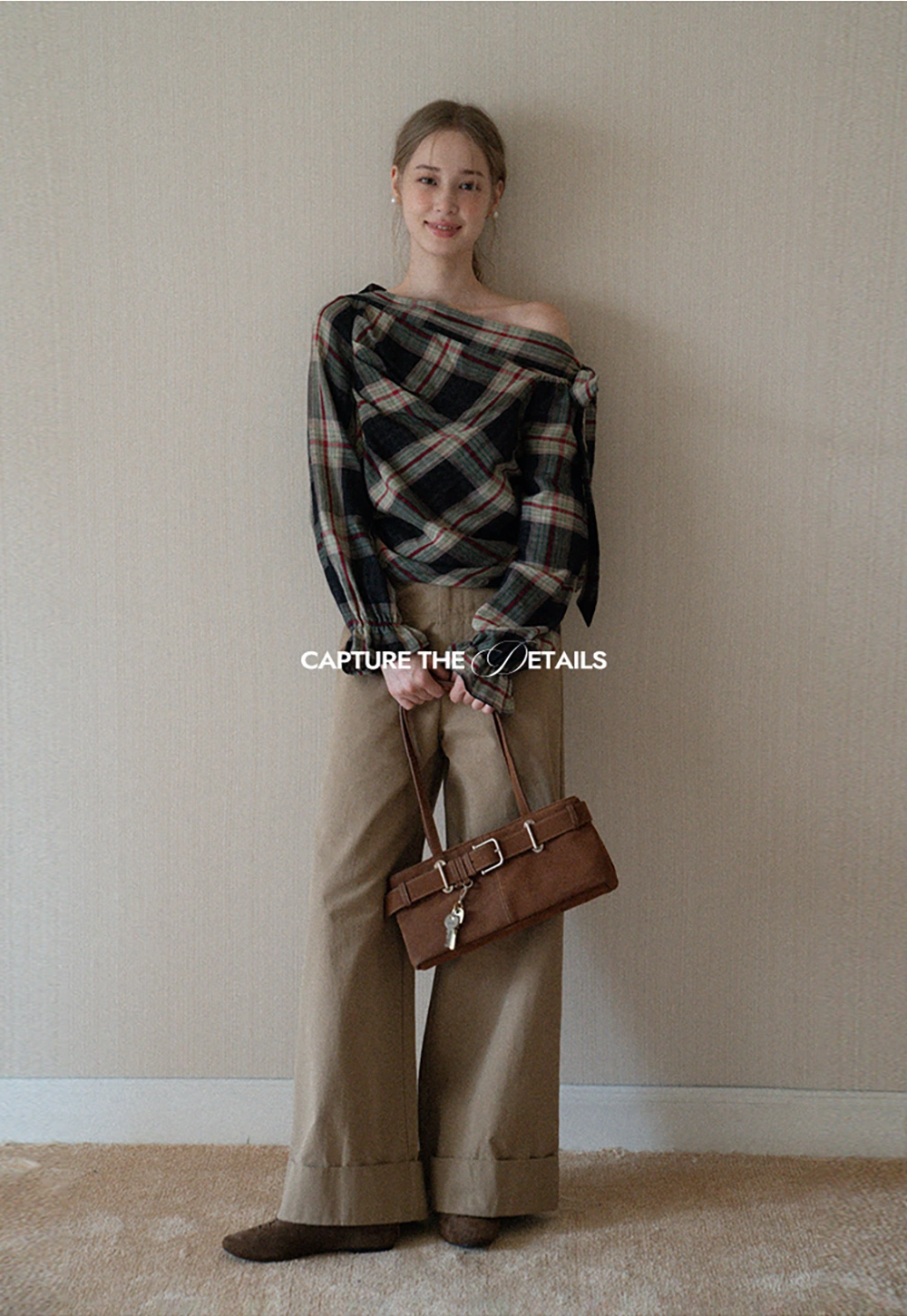 Womens Plaid Off Shoulder Tie Blouse