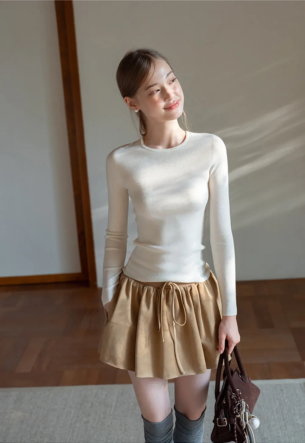 Womens Khaki Drawstring High Waist Pleated Mini Skirt