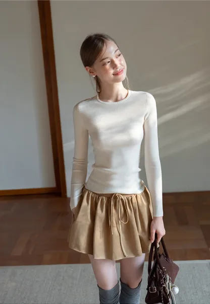 Womens Khaki Drawstring High Waist Pleated Mini Skirt