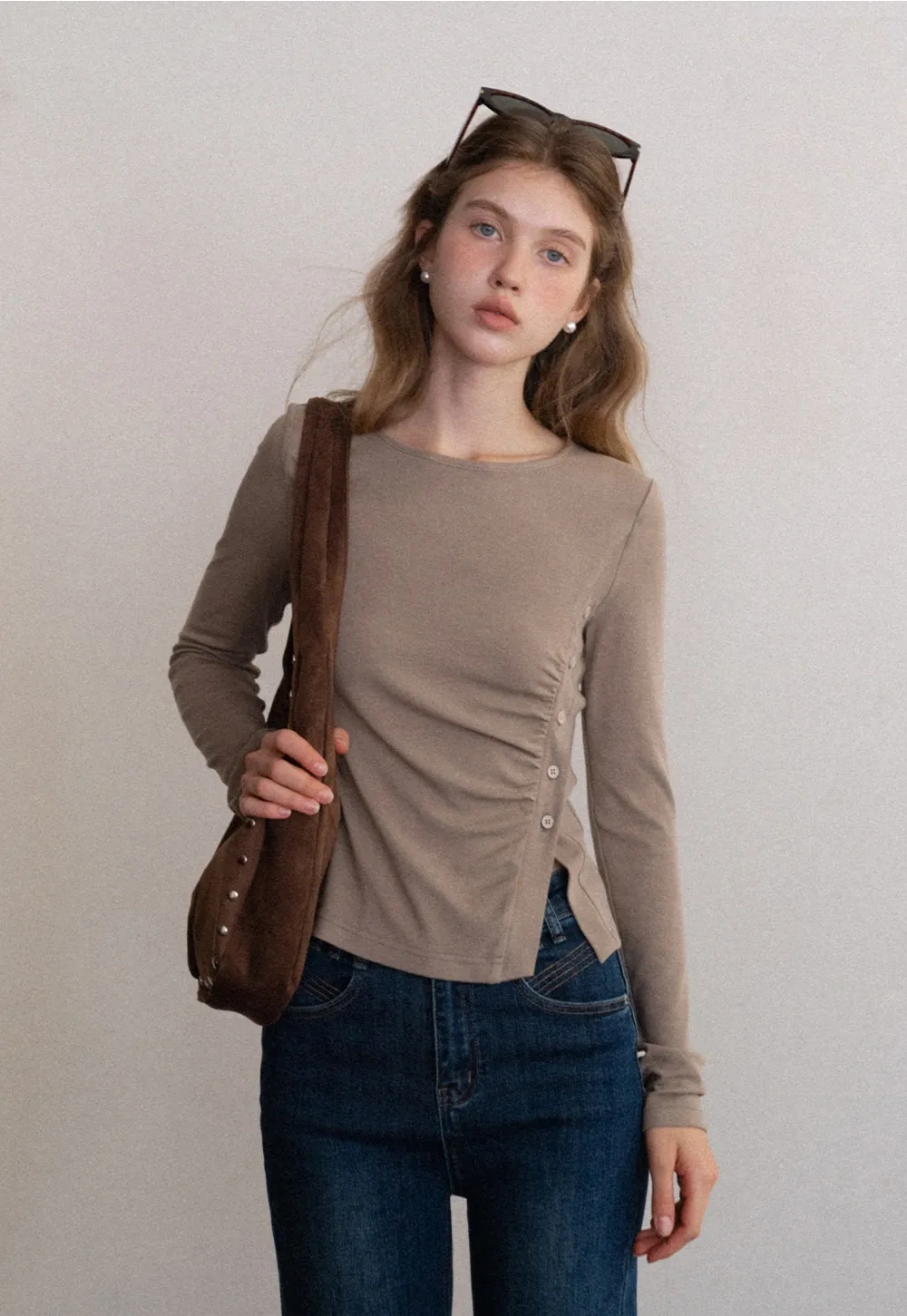 Crew Neck Long Sleeve Button Accent Top