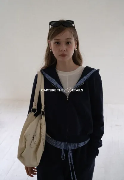 Navy Casual Hoodie and Wide Leg Pants Set