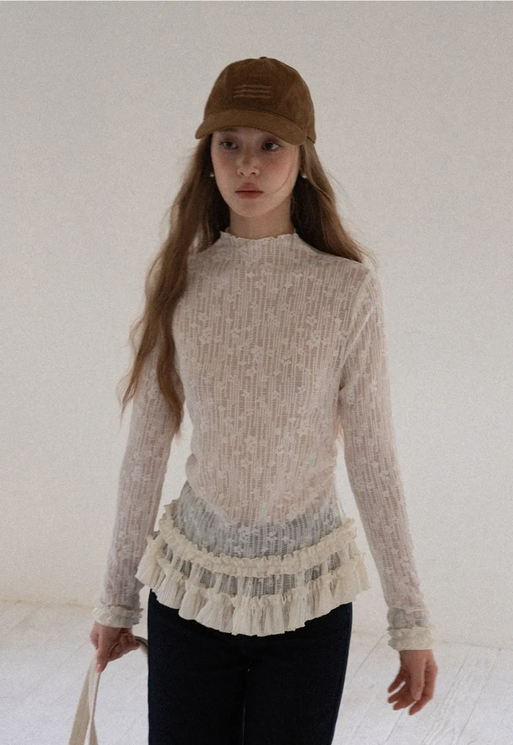 Women High Neck Long Sleeve Lace Top with Layered Ruffle Hem