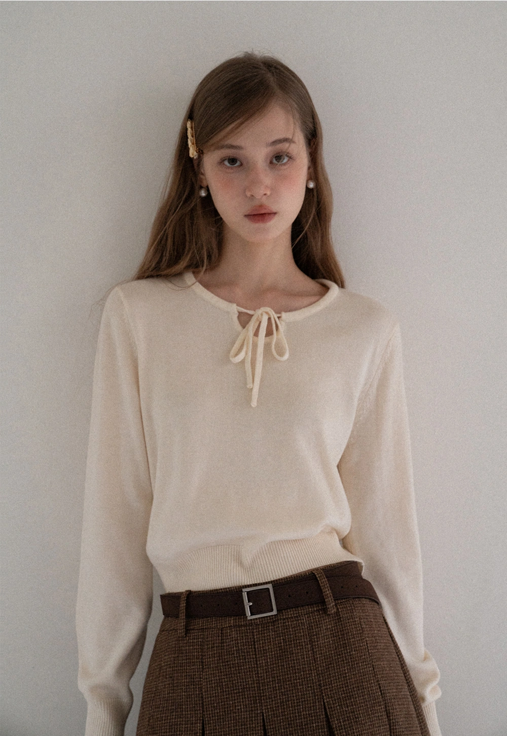 Women Sweet Style Bow Tie Long Sleeve Knitwear