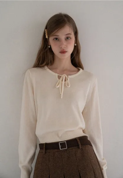 Women Sweet Style Bow Tie Long Sleeve Knitwear